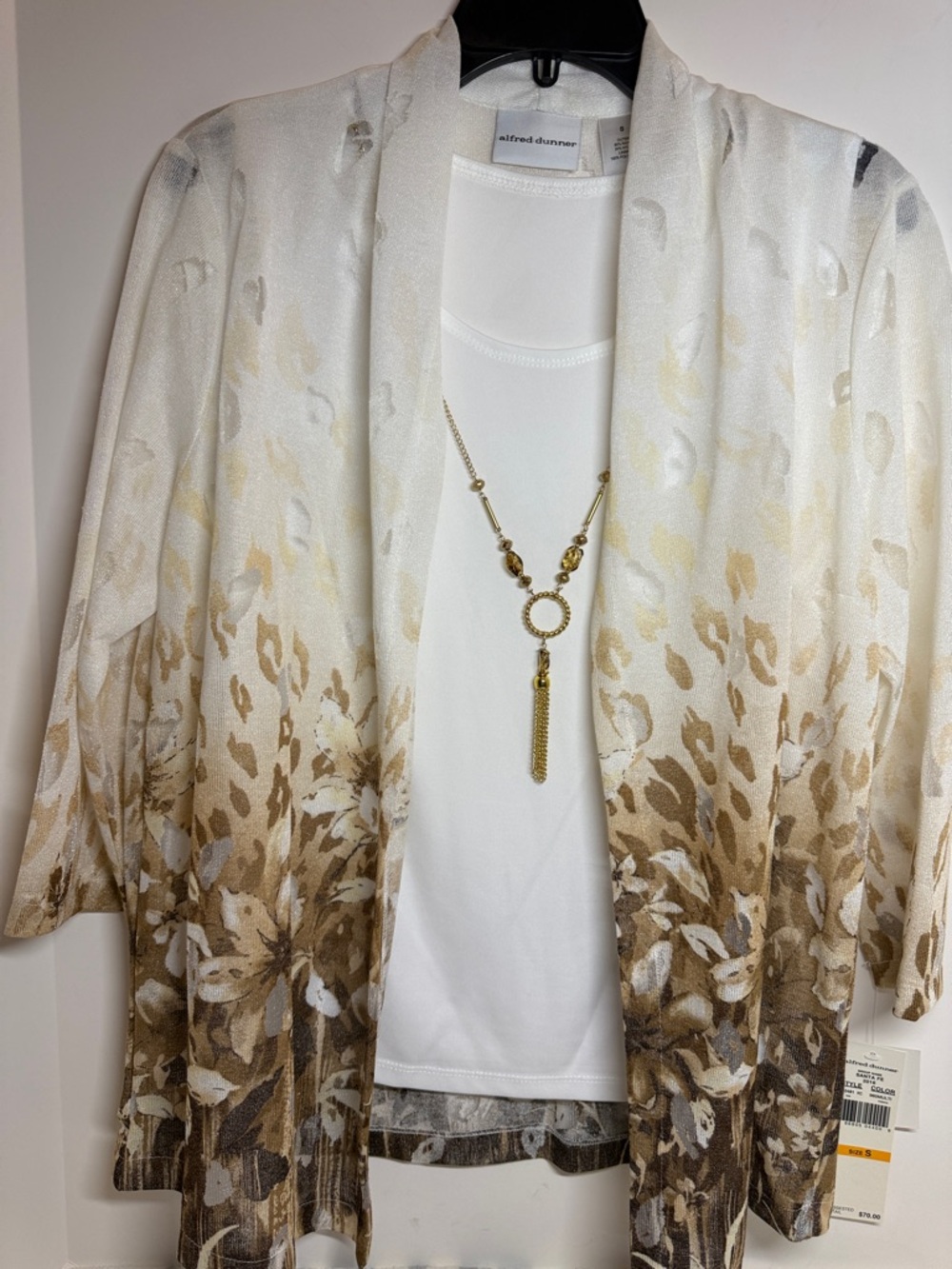 Alfred Dunner White and Brown Ombre Leopard Floral Open Cardigan, Necklace, Sm